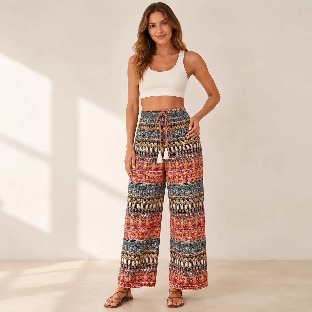 Women’s Boho Wide Leg Pants, High Waist Smocked Palazzo Pants with Tassel Drawstring, Multicolor Ethnic Print Casual Beach Vacation Resort Travel Pants for Spring Summer Weekend and Festival Outfits
