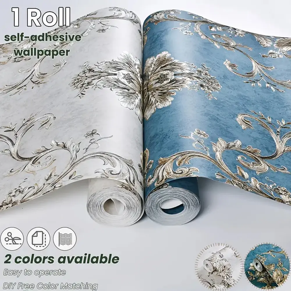 Luxurious Floral Pattern 3D Self-Adhesive Wallpaper, European Vintage Style, Thick Non-Woven Material, Easy to Tear and Stick, for Living Room, Bedroom, Background Wall