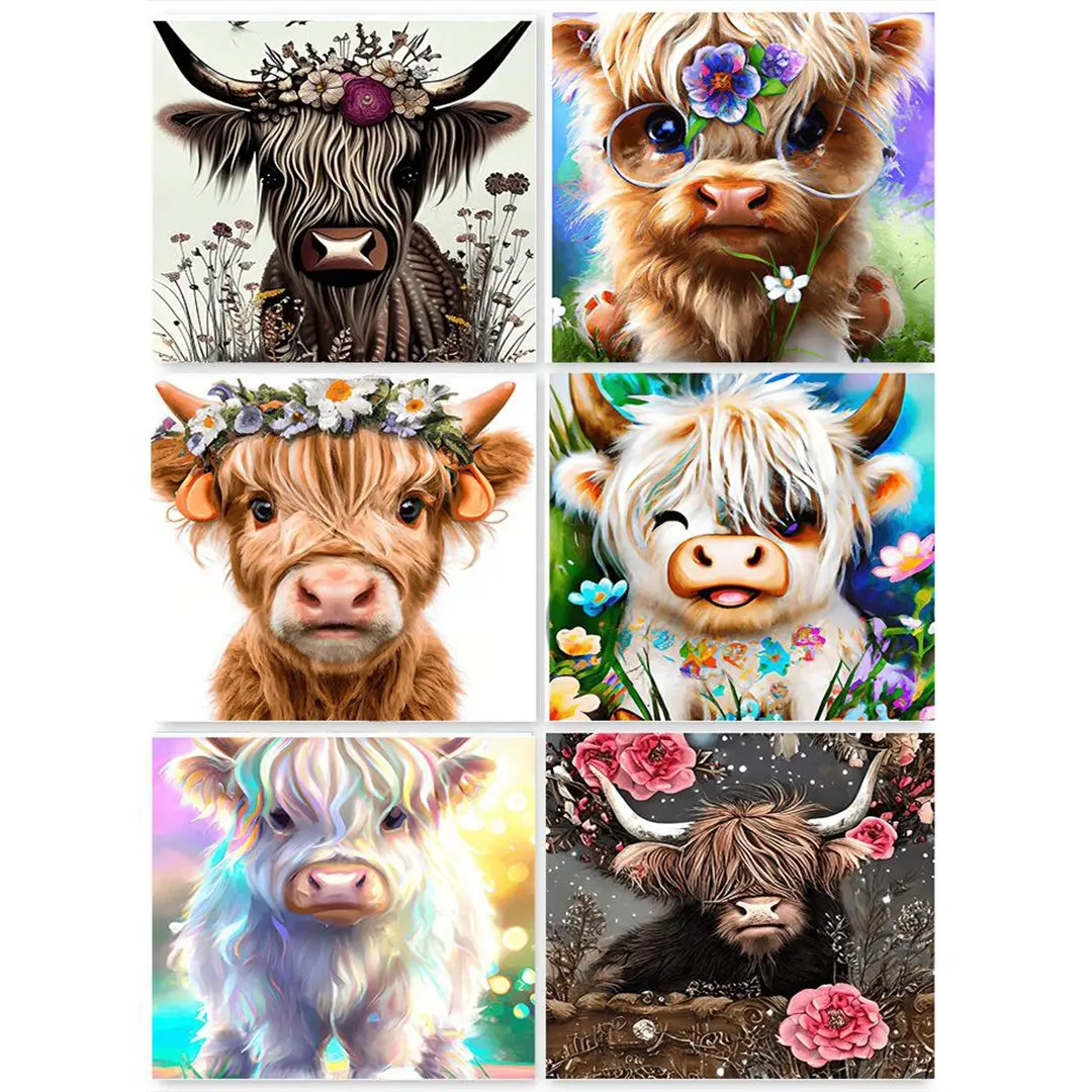 Highland Cow Pattern DIY Diamond Painting Kit without Frame, 6 Counts/Set 5D Diamond Painting Cross Stitch Kit, DIY Decor Painting for Bedroom Living Room, Wall Art Painting Handicraft