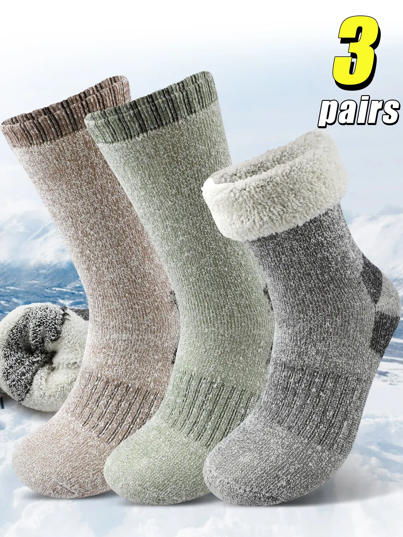 3Pairs Winter Men's Super Thick Socks Cold-resistant Warm Snow Socks Boots Socks Wear-resistant Mid-tube Socks Comfortable Hiking Socks High Elastic Knitted Socks Thick Fleece Suitable for Cold Weather Wear