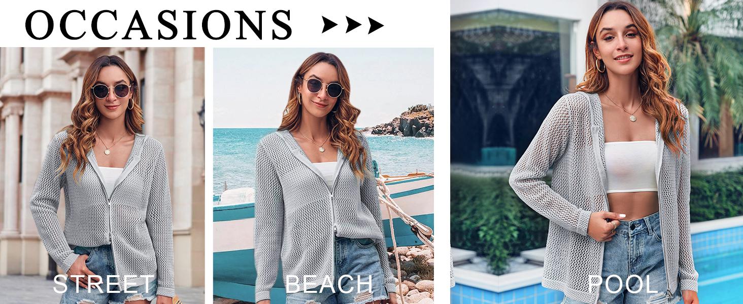 Saodimallsu Women's Crochet Lightweight Cardigan Zip Up Hooded Long Sleeve Knit Sweater Mesh Beach Swim Cover Up for Summer SpringStatements Swimsuit Coverup
