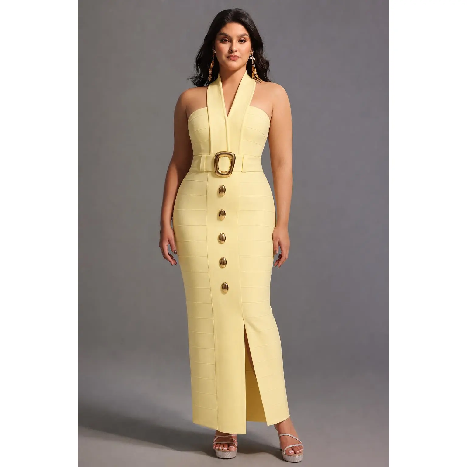 Bella Barnett Women's Lanla Chic Sleeveless Halter Neck Bandage Maxi Dress - Fabric, Body Shape Fit, Metal Buckle Contour Design, Elegant
