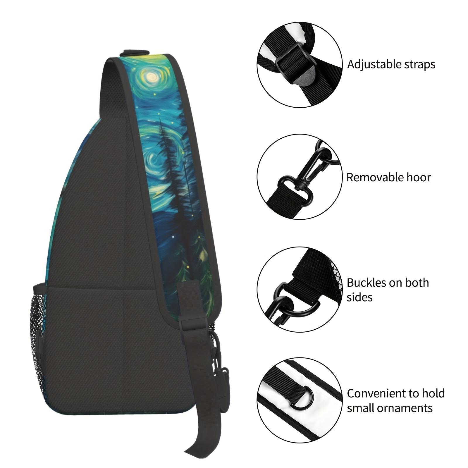 A Stylish  Spacious Crossbody Chest Bag Featuring an Abstract Design Inspired by a Starry Night  Forest, Perfect for Hiking, Shopping, Leisure Travel, Or As a Beach Bag.This Durable Backpack Is Also Suitable for Fishing  School and