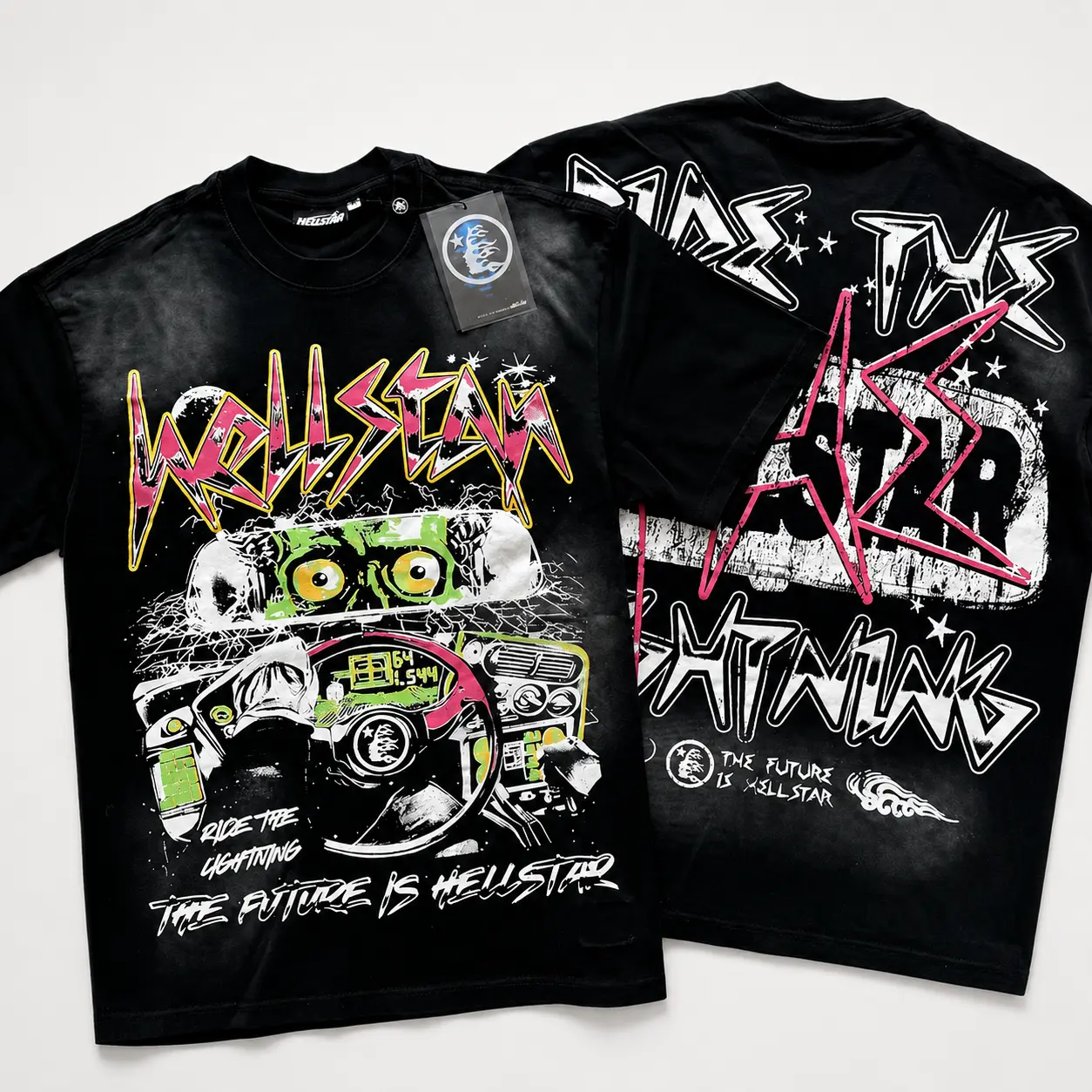 Hellstar 100% Heavyweight Cotton Graphic T-Shirt, Y2K Vintage Washed Oversized Tee, Double-Sided Gothic Grunge Streetwear Short Sleeve Top for Men and Women