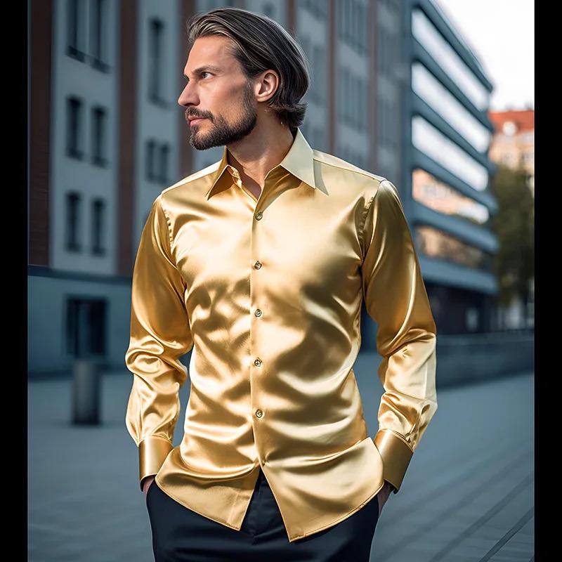 Mens Gold Silk Satin Shirt 70s Disco Dance Nightclub Dress Shirts Men Party  Wedding Long Sleeve Casual Shirt Chemise Homme 2XL - TikTok Shop