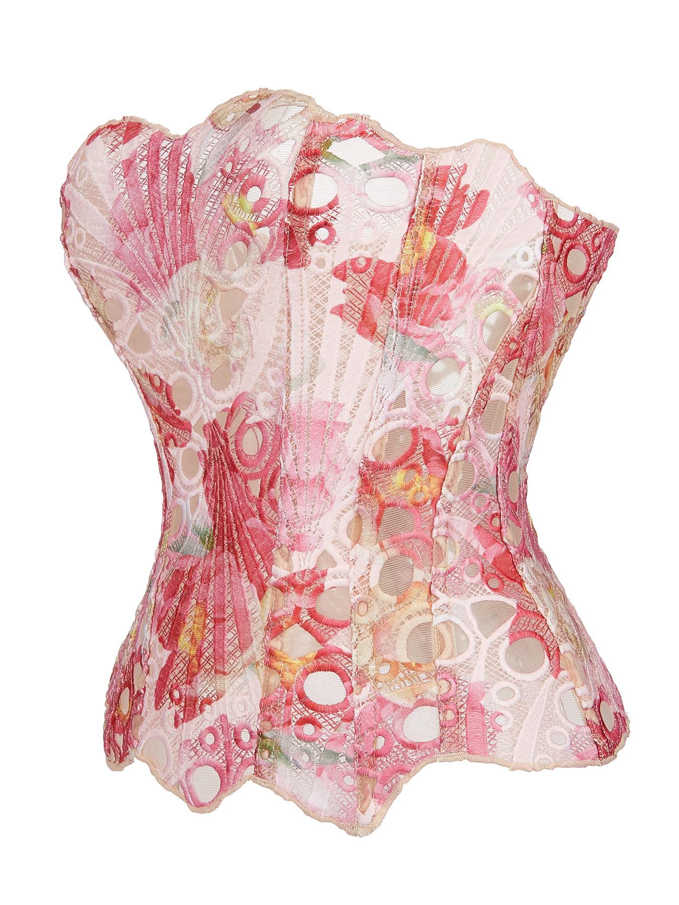 TikTok Viral Pink Mermaid Core Corset, Scalloped Edge Lace Eyelet Hollow Out Boned Bustier Underwear for Bachelorette Music Festival Women