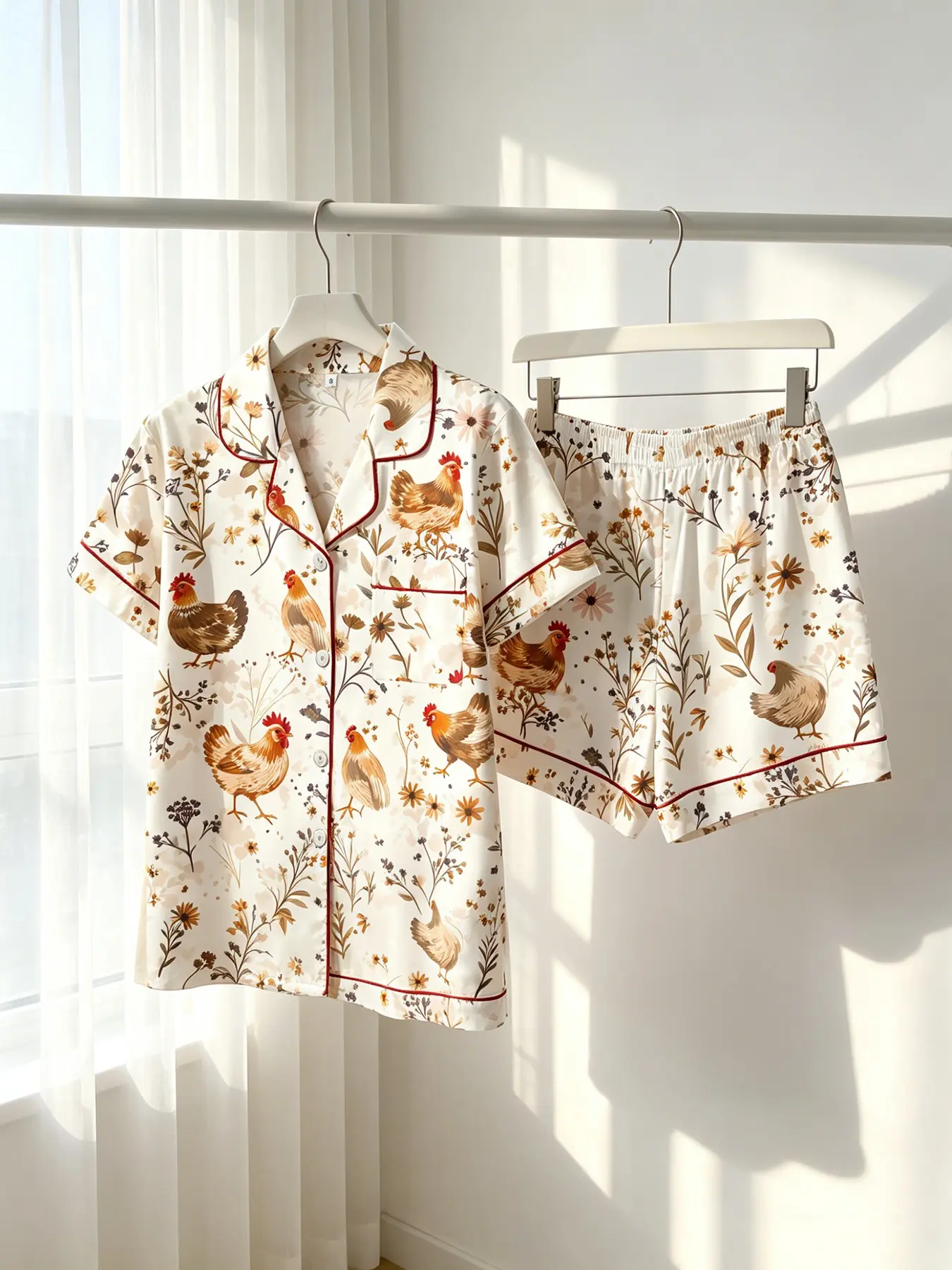 Women's Button-Down Short Sleeve Top & Shorts Pajama Set, Viral INS Style Beige Rooster Wildflower Print, Classic Collar, Spring Summer Wear, Breathable, Aesthetic Loungewear for Photos & Gatherings