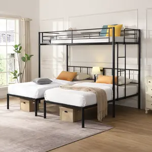 ARCH Twin Over Twin Over Twin Triple Bunk Bed with Vertical Ladder, Metal Frame Bunk Bed with Safety Rail, Space-Saving Bunk Beds for Kids Bedroom, Dormitory, Guest Room, Heavy Duty Steel Construction, No Box Spring Needed, Black, Bedroom Furniture f