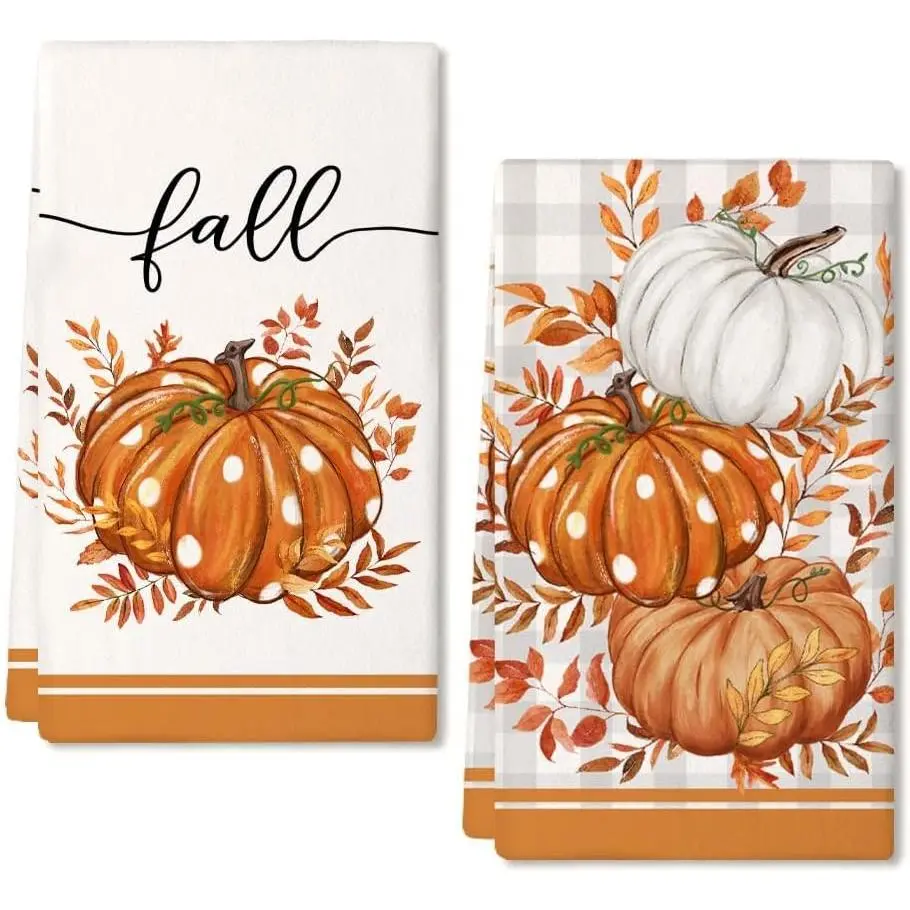 Fall-Themed Kitchen Towels - Orange Pumpkin Print, 18x26 Inches 2-Pack, Durable Vintage, Water-Absorbent Cleaning Towels with Double Stitching, Machine Washable for Farmhouse Harvest Decor, Hostess Gift AD334