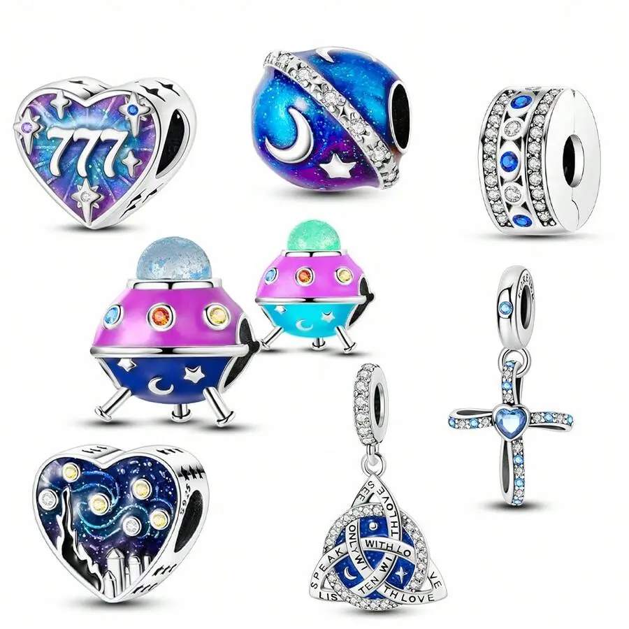 Silver Plated Star Moon Galaxy UFO Castle Heart Cross Enamel Crystal Pendant, Suitable For Bracelet, Necklace And Other Celestial Space Jewelry Making Accessories, DIY Jewelry For Women