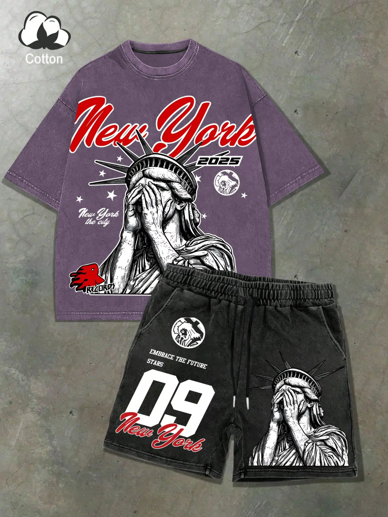 Men's Casual Summer Set with Face-Girl Statue Print Slim-Fit T-Shirt and Drawstring Shorts, Stylish and Comfortable for Relaxed Hot Weather Wearing