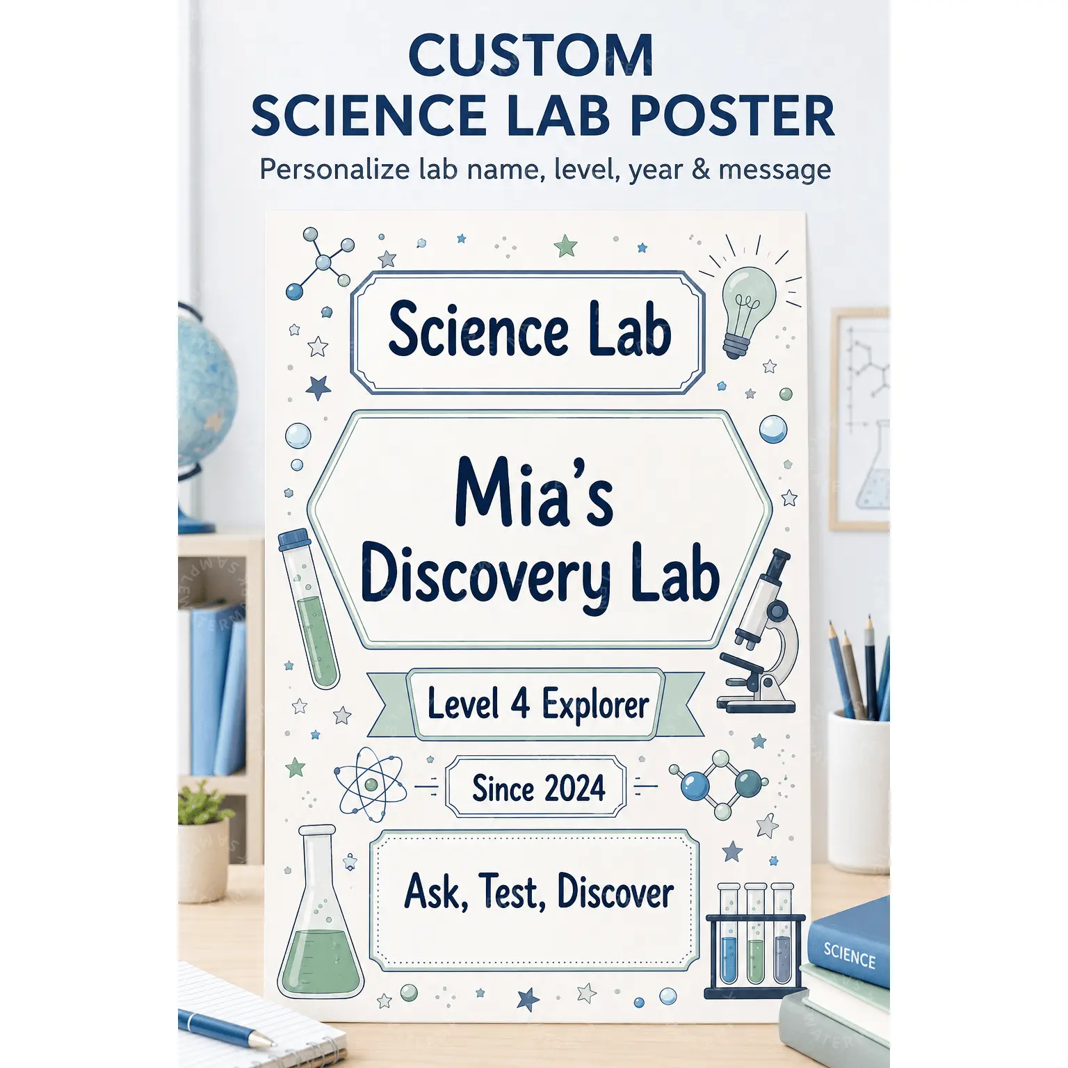 Custom Science Lab Poster - Personalized Kids STEM Artwork, Decorative Blue Chemistry Microscope Print, Classroom Wall Decoration, Science Lover Gift Idea
