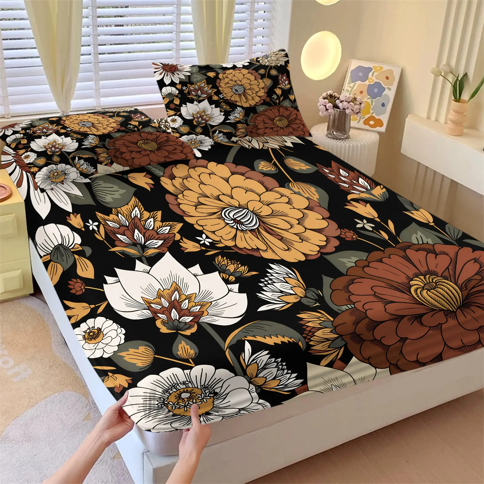 Vintage Caramel Floral Print Fitted Sheet Set, 1 Fitted Sheet & 2 Pillowcase, Retro Dark Flower Pattern Bedding, Vintage Botanical Bed Set All Size, Skin-Friendly Breathable Non-slip Mattress Protector, Decorative Bedding Set, Flower Lover Gift
