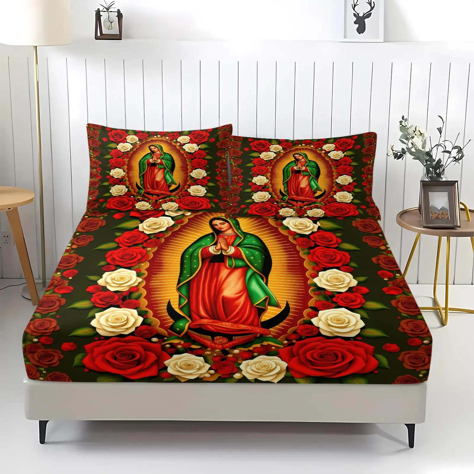 Our Lady of Guadalupe Print Fitted Sheet Set, 1 Fitted Sheet & 2 Pillowcase, Dark Green Latin Faith Men Bed Set, Split Stitch Virgin Mary Vintage Rose Bedding All Size, Soft Skin-Friendly Fabric, Catholic Lover Gift