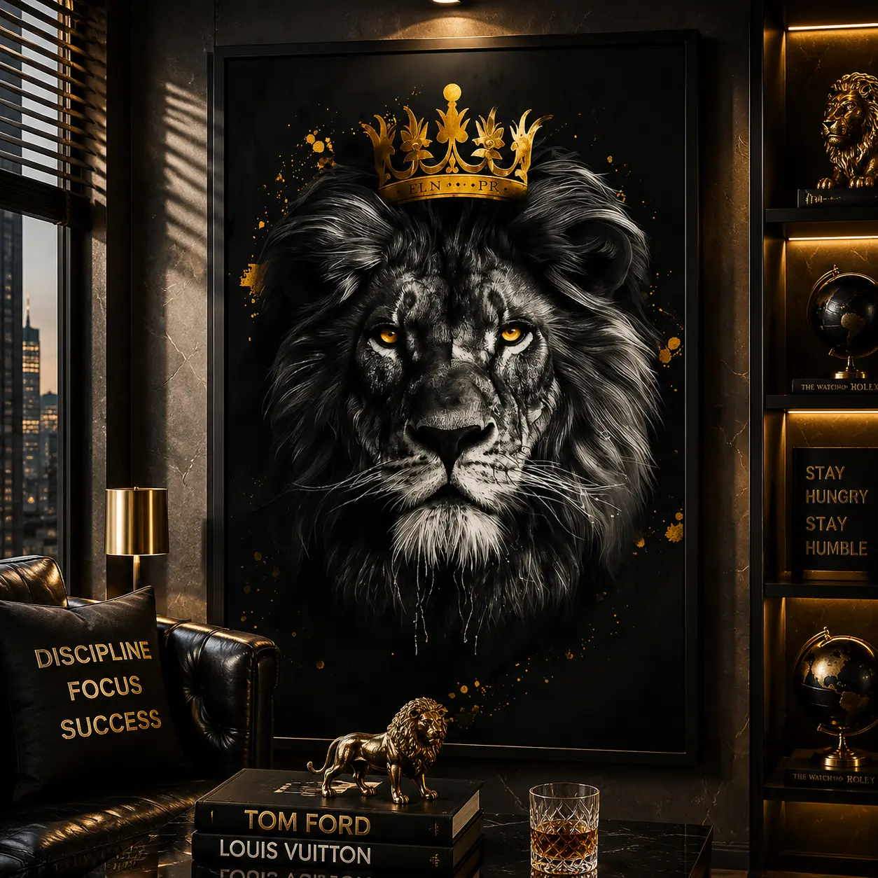 Lion with Golden Crown Canvas Wall Art, Majestic Lion Portrait Poster, Abstract Animal Artwork for Living Room Bedroom Office Man Cave, Modern Home Decor, Gift for Men, Wildlife King Wall Decor, Luxury Animal Print, Safari Wall Art, Masculine Room Decor