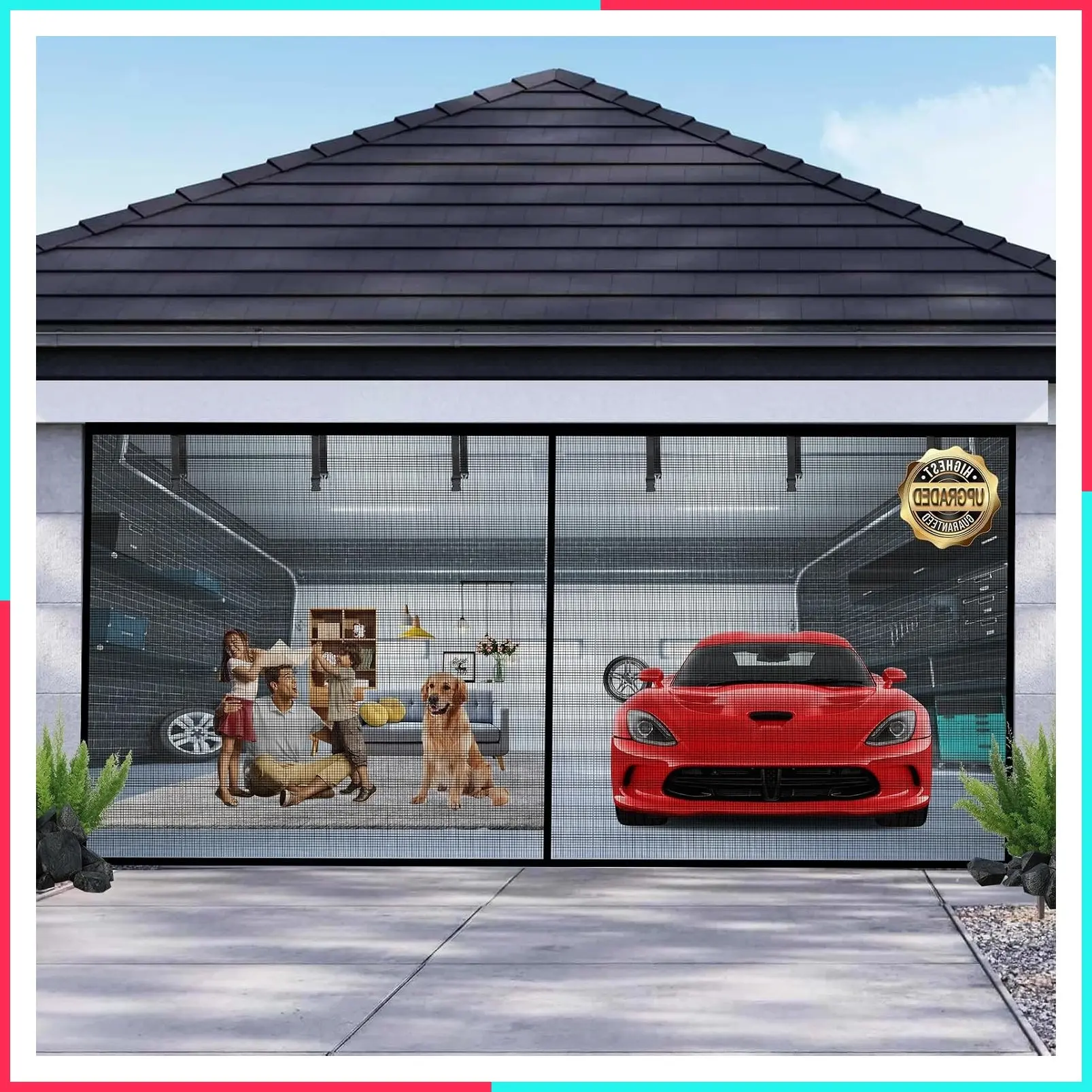 16x7FT Magnetic Garage Door Screen for 2 Car Garage, Retractable Fiberglass Mesh with Heavy Duty Weighted Bottom, Hands Free Pass-Through Screen Kit, Easy Assembly