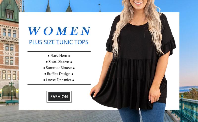 【1XL-5XL】Imily Bela Curve Women's Plus Size Ruffle Tunic Tops Summer Short Sleeve Loose T-Shirt Blouses