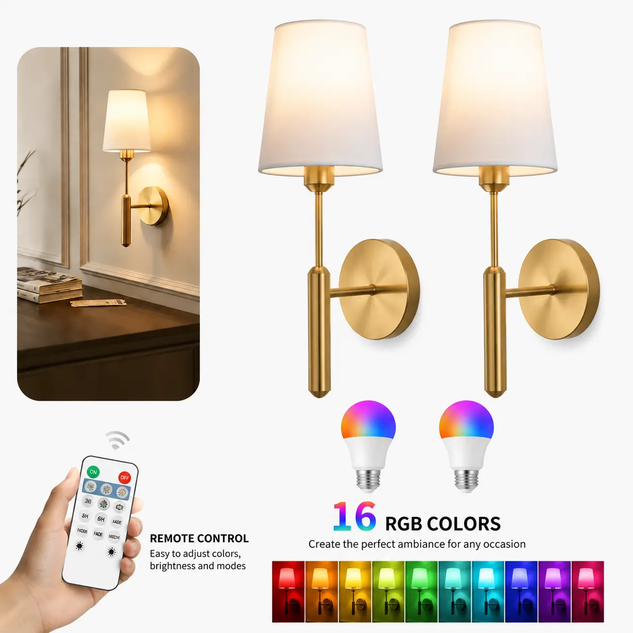 2 Pack Modern Gold Wall Sconces with RGB Bulb, Remote Control Dimmable Wall Lights for Bedroom, Living Room & Home Decor