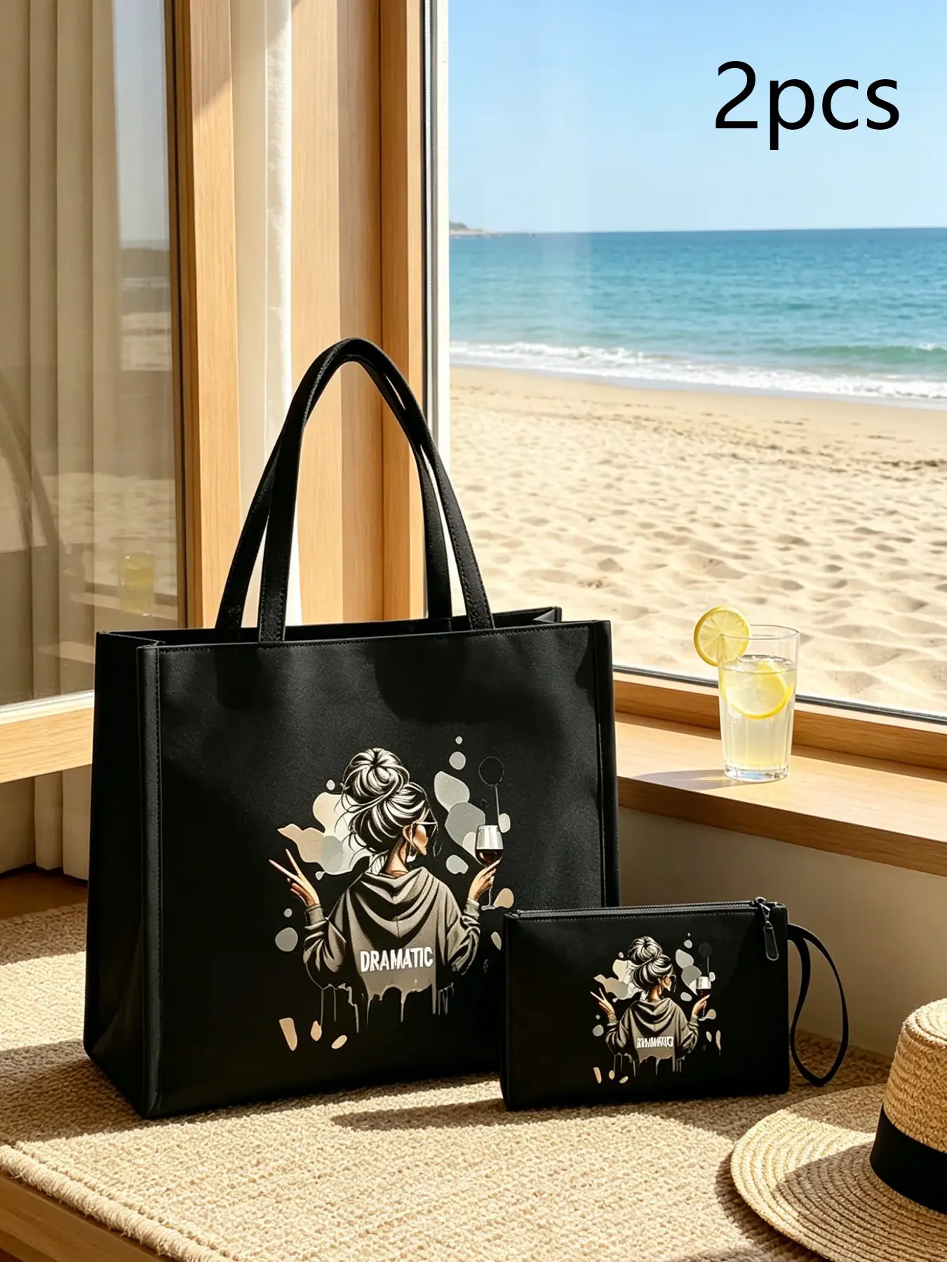 2pcs Women's Tote Bag Set, Durable Large Capacity Handbag and Makeup Bag, Casual Print Design, Ideal for Daily Use and Gifts