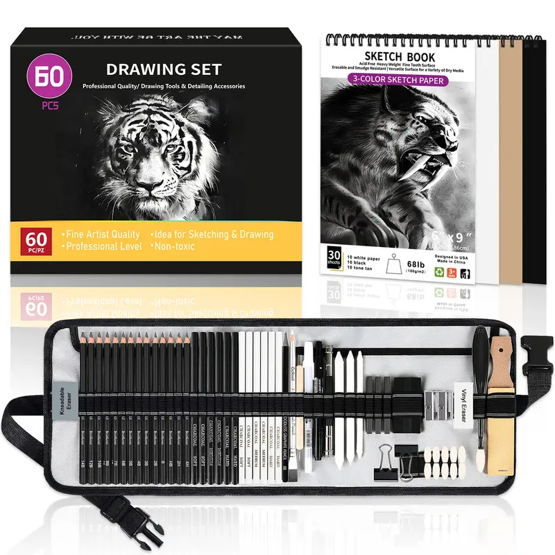 60 Pcs Complete Drawing Kit for Adults and Artists, Professional Art Drawing Supplies Sketching Pencil Set with Graphite, Charcoal Pencils and 3-Color Sketchbook for Art and Shading