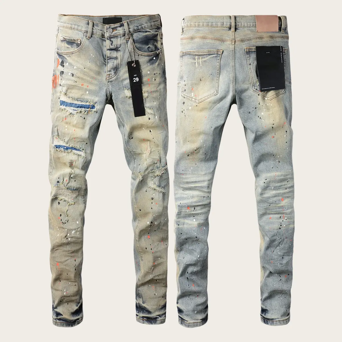 Mens Y2K Vintage Luxury Designer Stacked Jeans Trend Vintage Washed Knee Ripped Paint Splash Slim Tapered Cuff Stretch Denim New Tags US Sizes 28-40