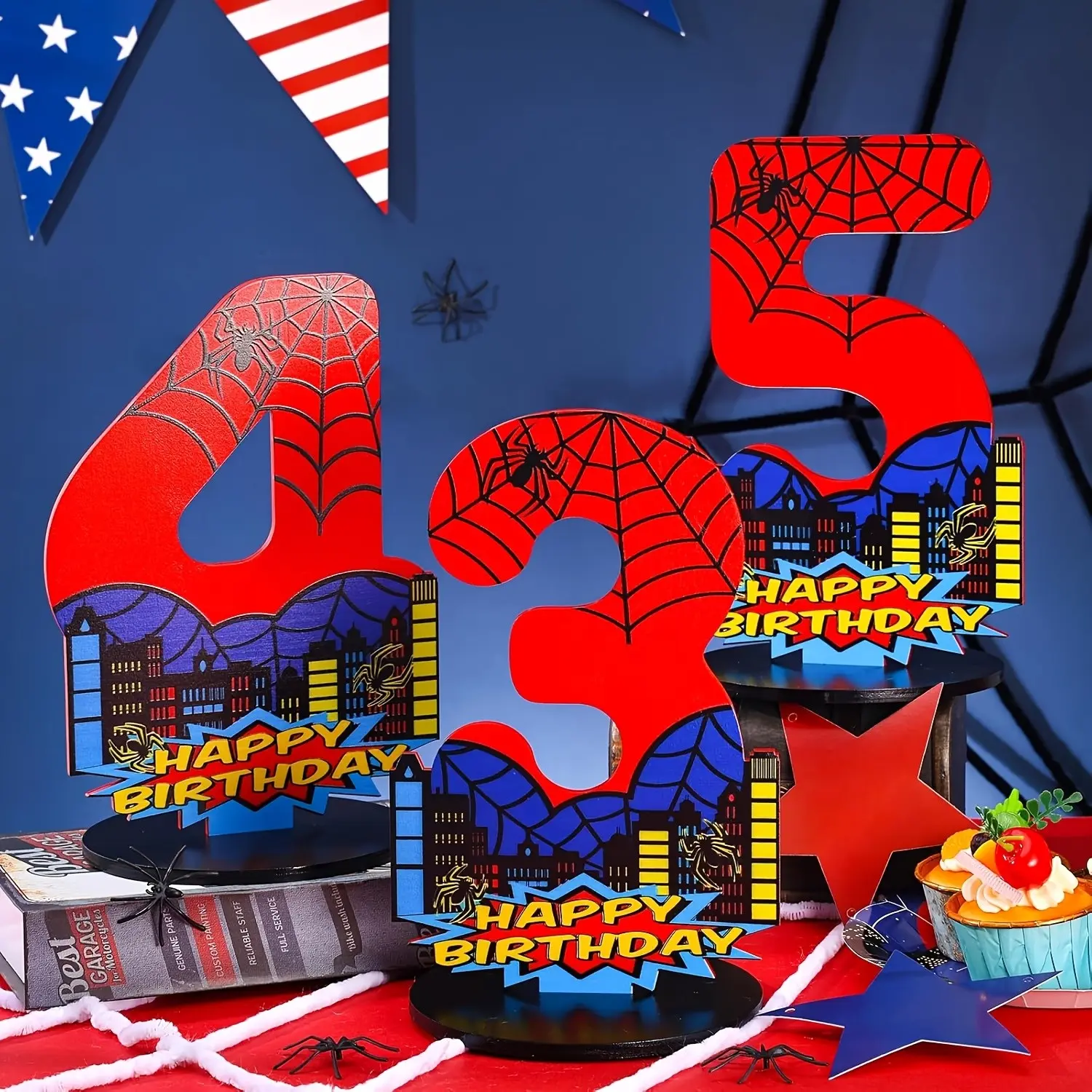 Spider Web Superhero Number 3 4 5 Birthday Tabletop Sign, Red City Comic Happy Birthday Centerpiece Decor, Boys Superhero Themed Kids Birthday Party Table Ornament Party Supplies