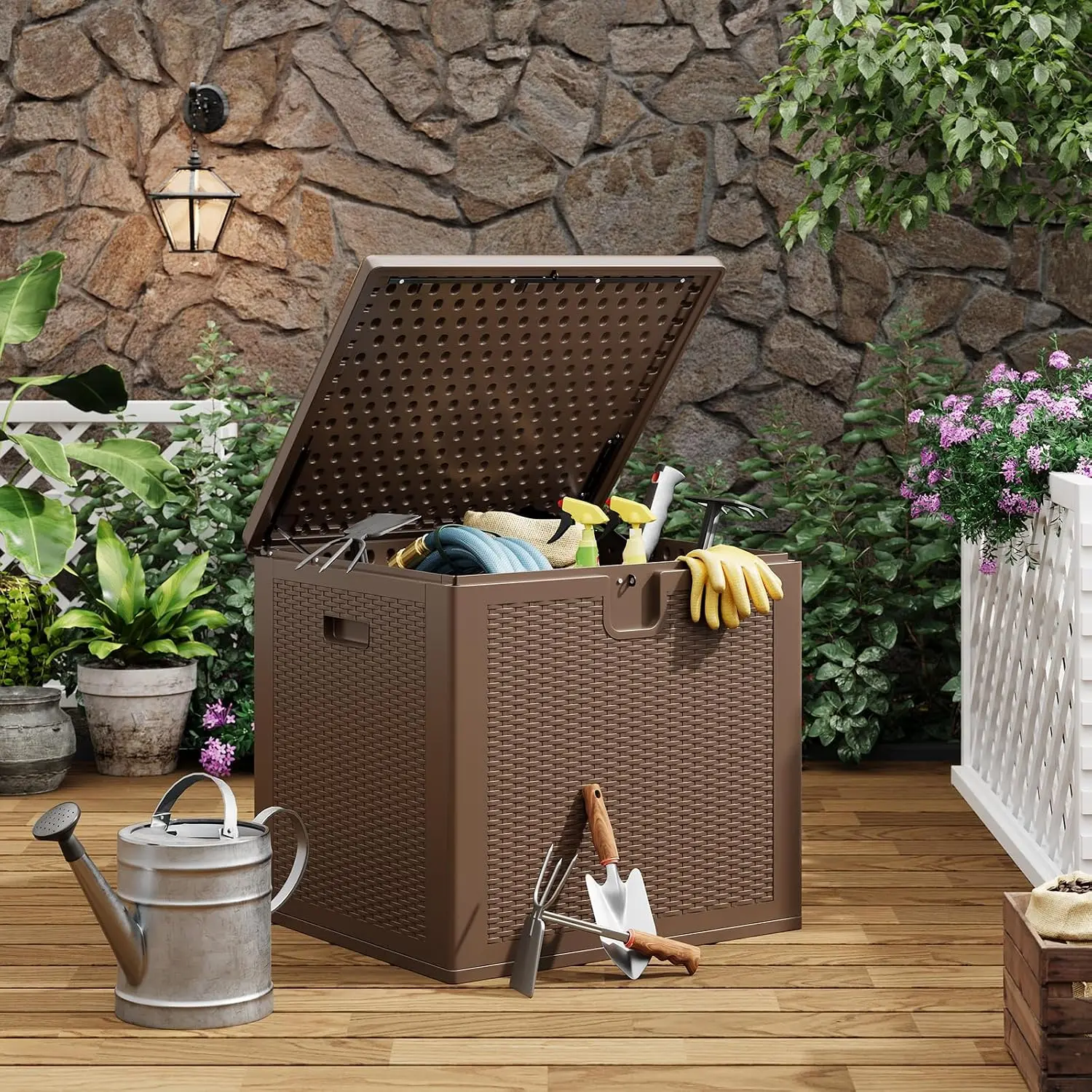 80 gal Outdoor Storage Box, Large Waterproof Resin Deck Box Indoor Outdoor Use, Lockable UV Resistant Storage Bin for Patio, Garden, Cushions, Tools, Equipment, Brown