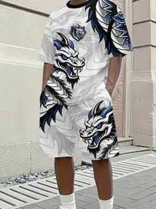 Men's 3D Digital Print Dragon Pattern Set, Casual Loose-Fitting Short Sleeve T-Shirt and Shorts, Trendy Polyester with Drawstring