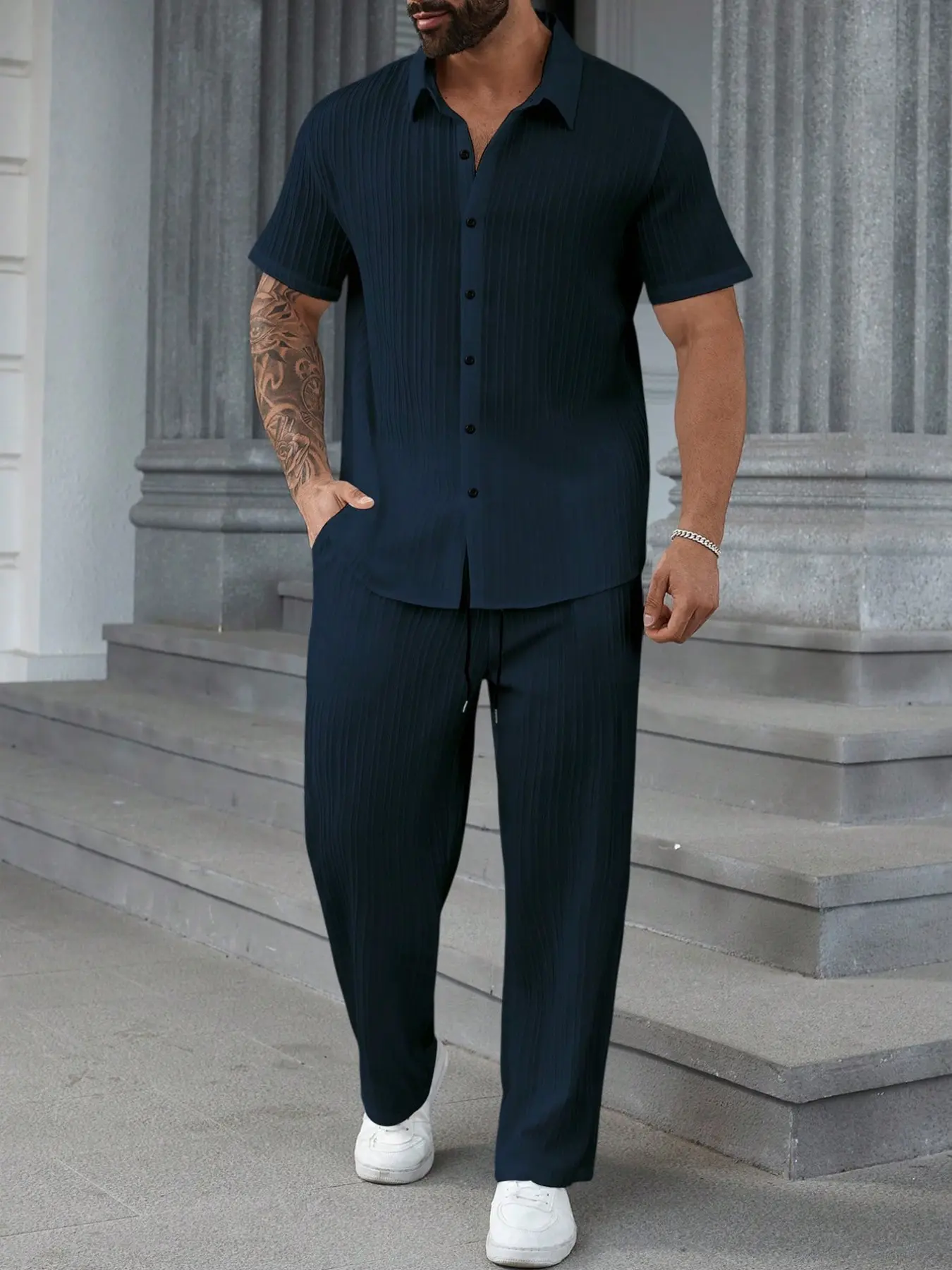 Men's white vertical stripe two-piece set, short sleeved button up collar shirt paired with wide leg loose pants, breathable and wrinkle resistant casual outfit, daily holiday streetwear, elegant men's matching set made of lightweight and soft fabric.