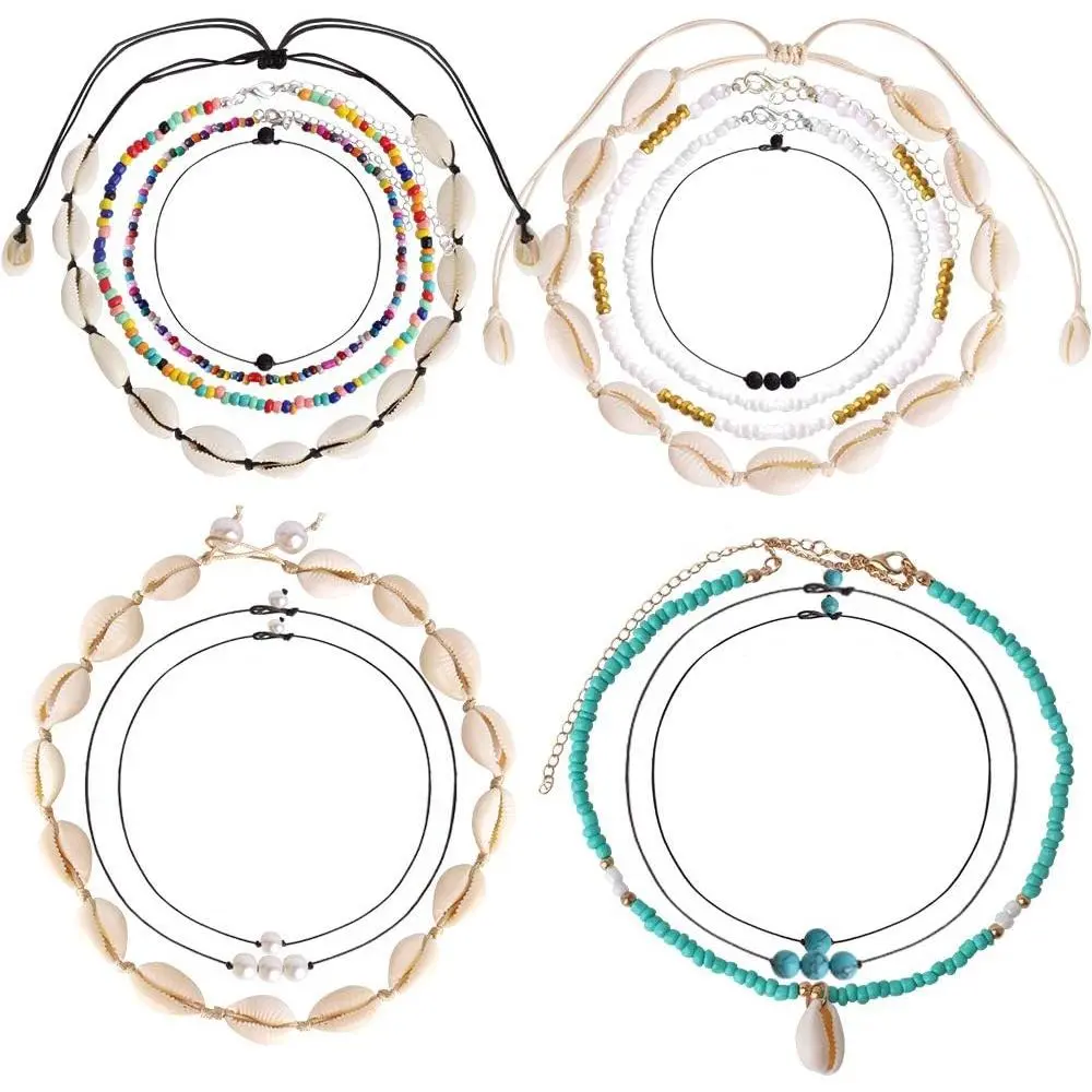 14 count Shell Choker Set - Puka Shell Beach  Bohemian Beaded Choker Necklace -  Hawaii  - Adjustable for Women