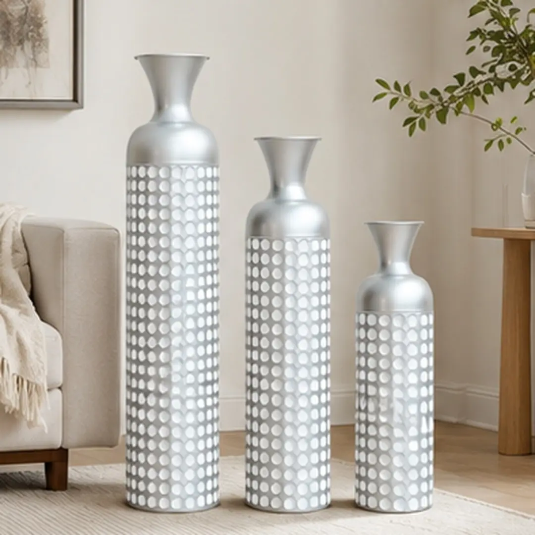 ARCH 3 Pack Silver Metal Vase Set Nested Semi-Handcrafted Embossed Vases Modern Decorative Centerpieces for Home Floor Living Room Fireplace Entryway Tall Iron Vases Not Waterproof for Dried Artificial Flowers, Vintage Silver Color Options