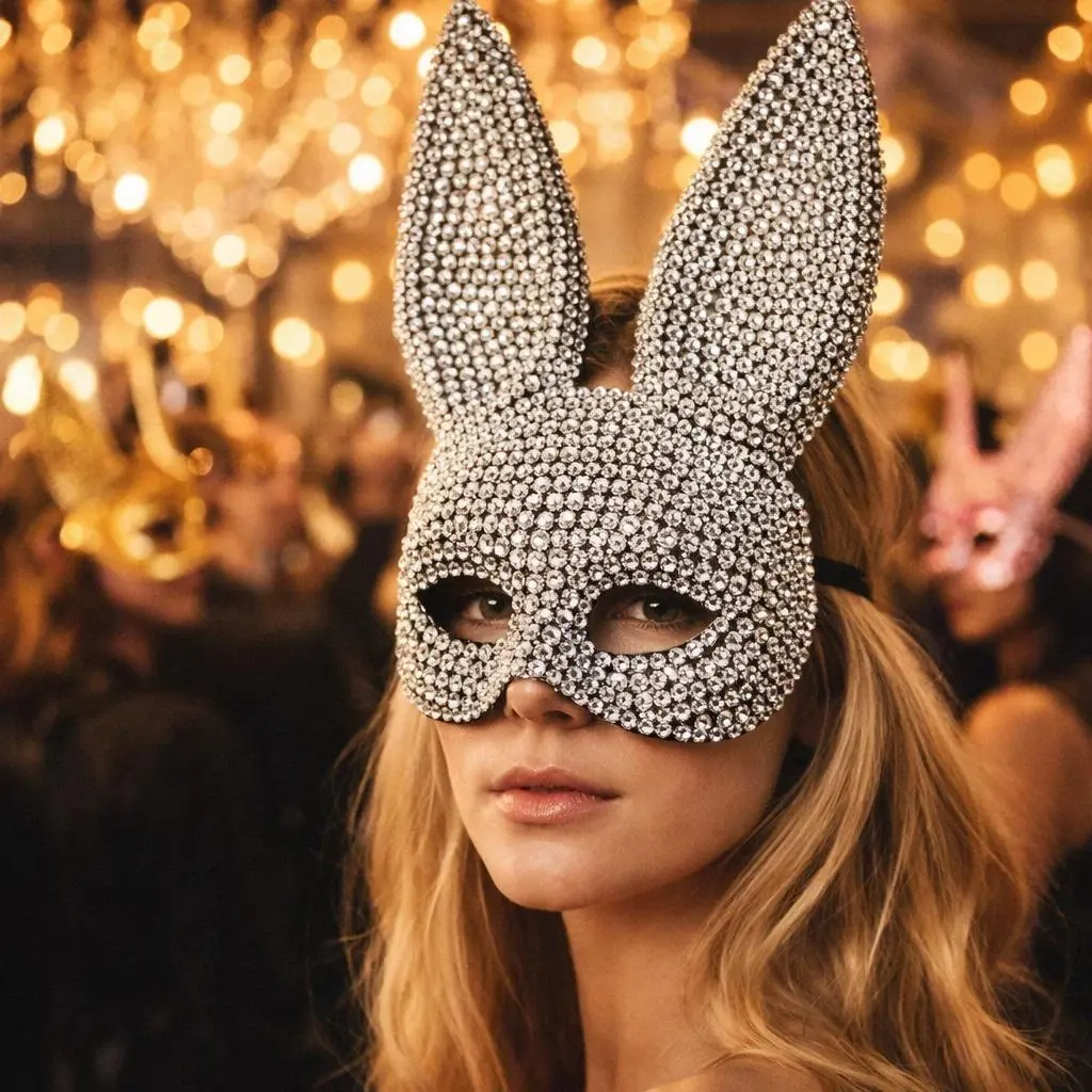 Rhinestone Bunny Half Face Mask, Crystal Studded Rabbit Ear Mask for Women Halloween Party and Cosplay