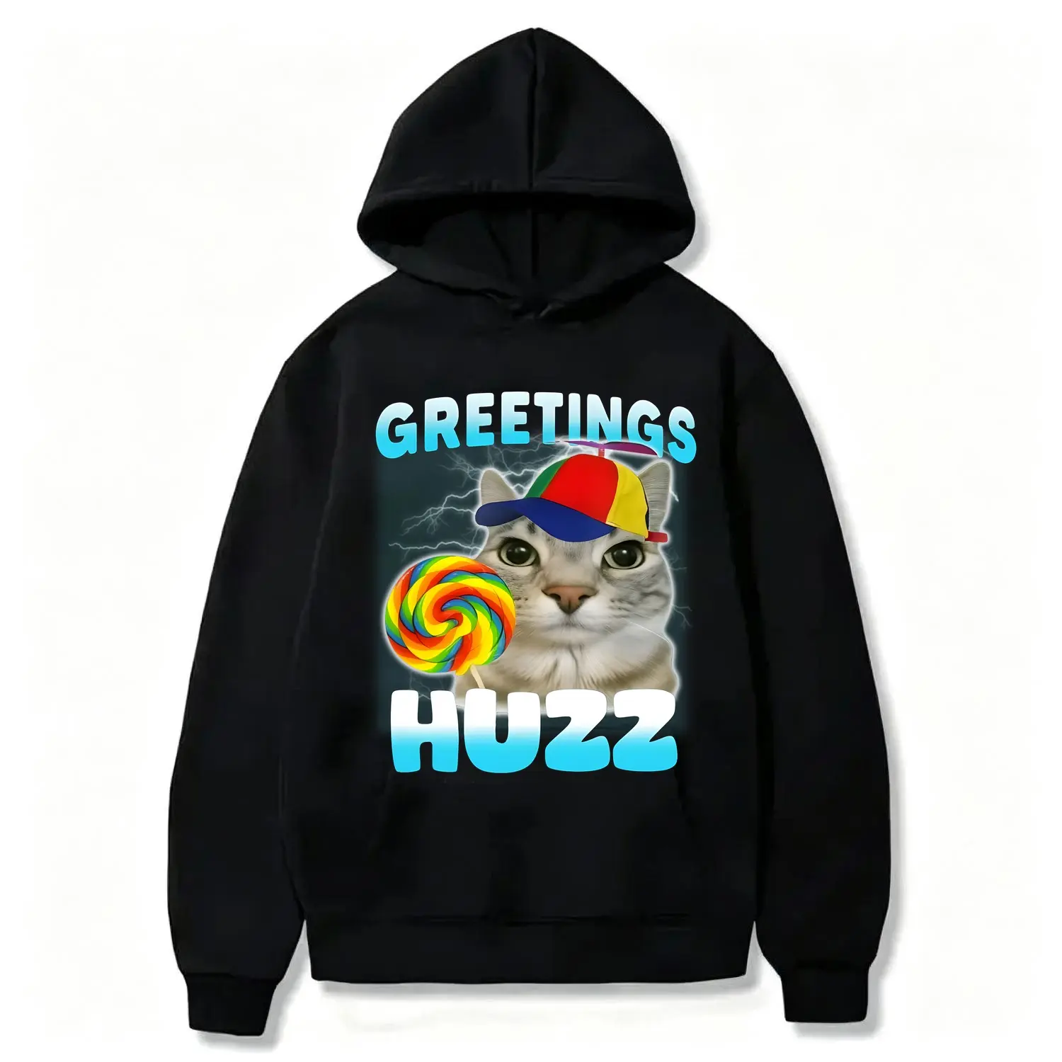 Men’s Hoodie Where The Huzz At Funny Cat Meme Sarcastic Humor Graphic Pullover Sweatshirt Casual Streetwear Style