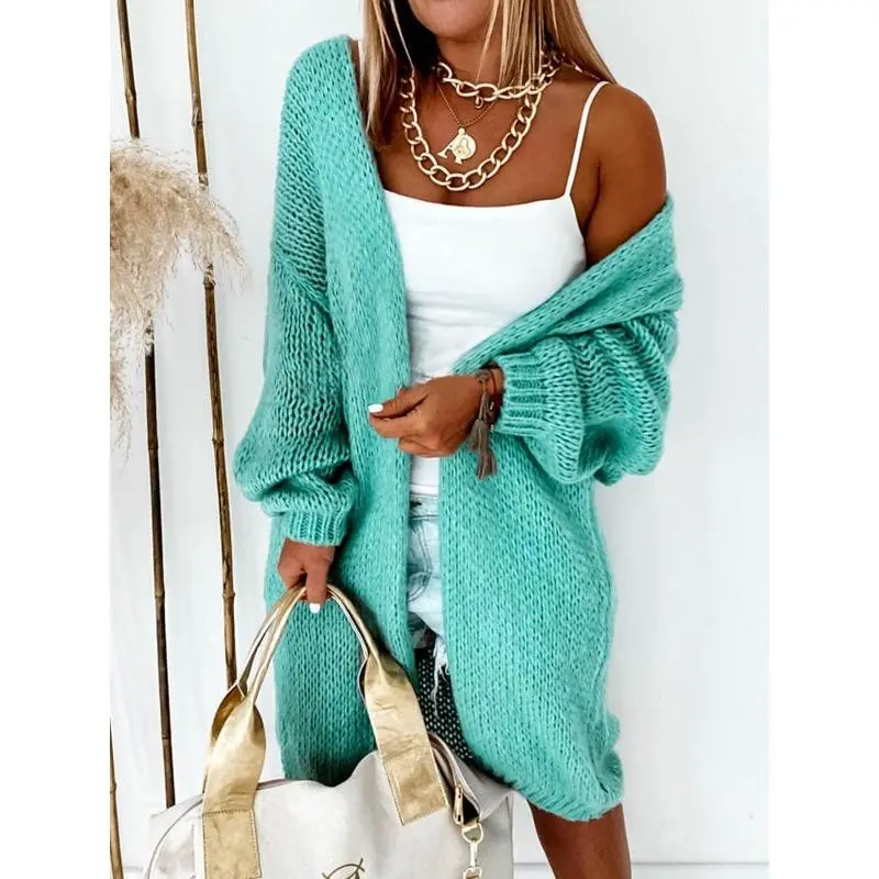 Women's Warm Soft Cozy Turquoise Knit Cardigan Open Front Longline Sweater Textured Knit Outerwear Fall Winter Daily Casual Street Style Wear