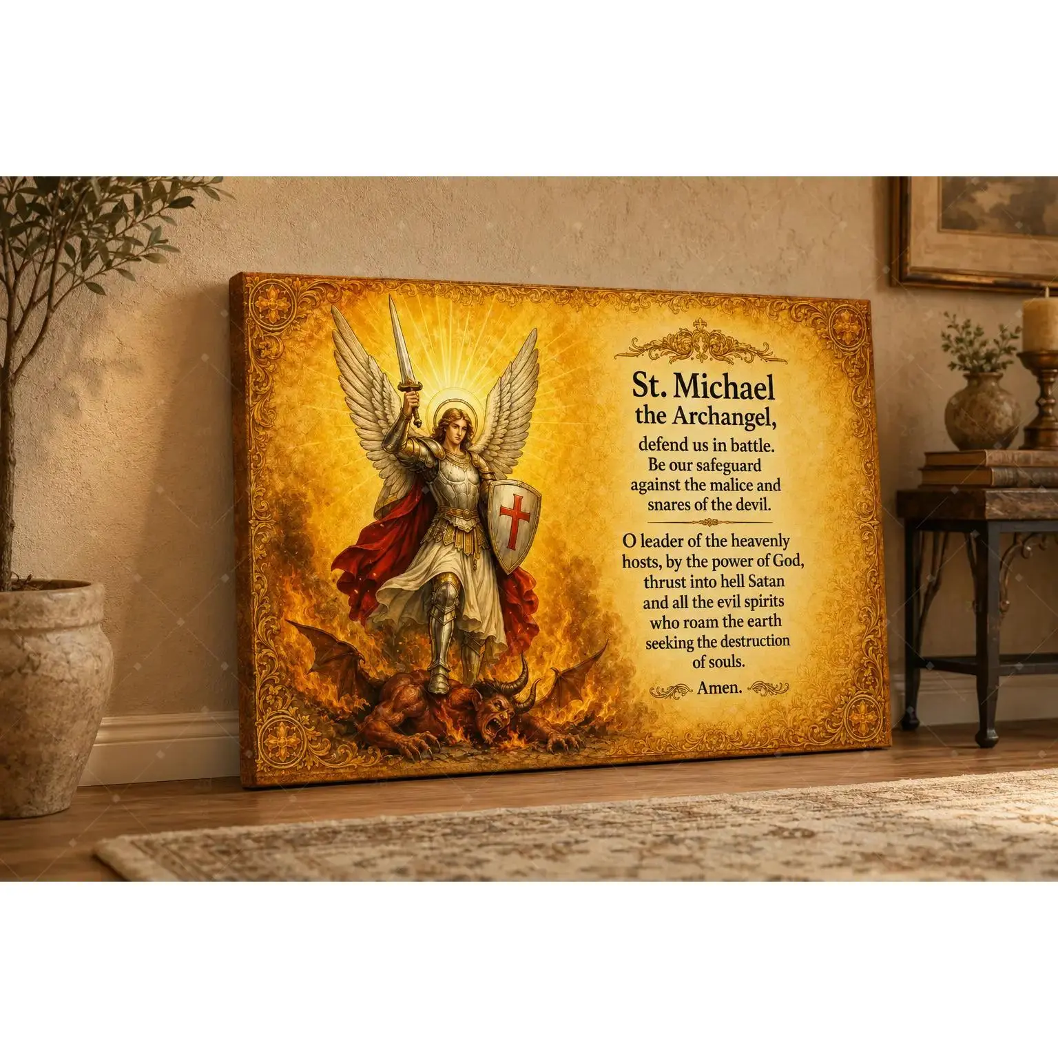 St. Michael Prayer Canvas Wall Art, Archangel Religious Poster Print, Christian Faith Decorative Poster for Living Room Bedroom Prayer Room Church Office, Unframed Poster or Framed Canvas Wrap