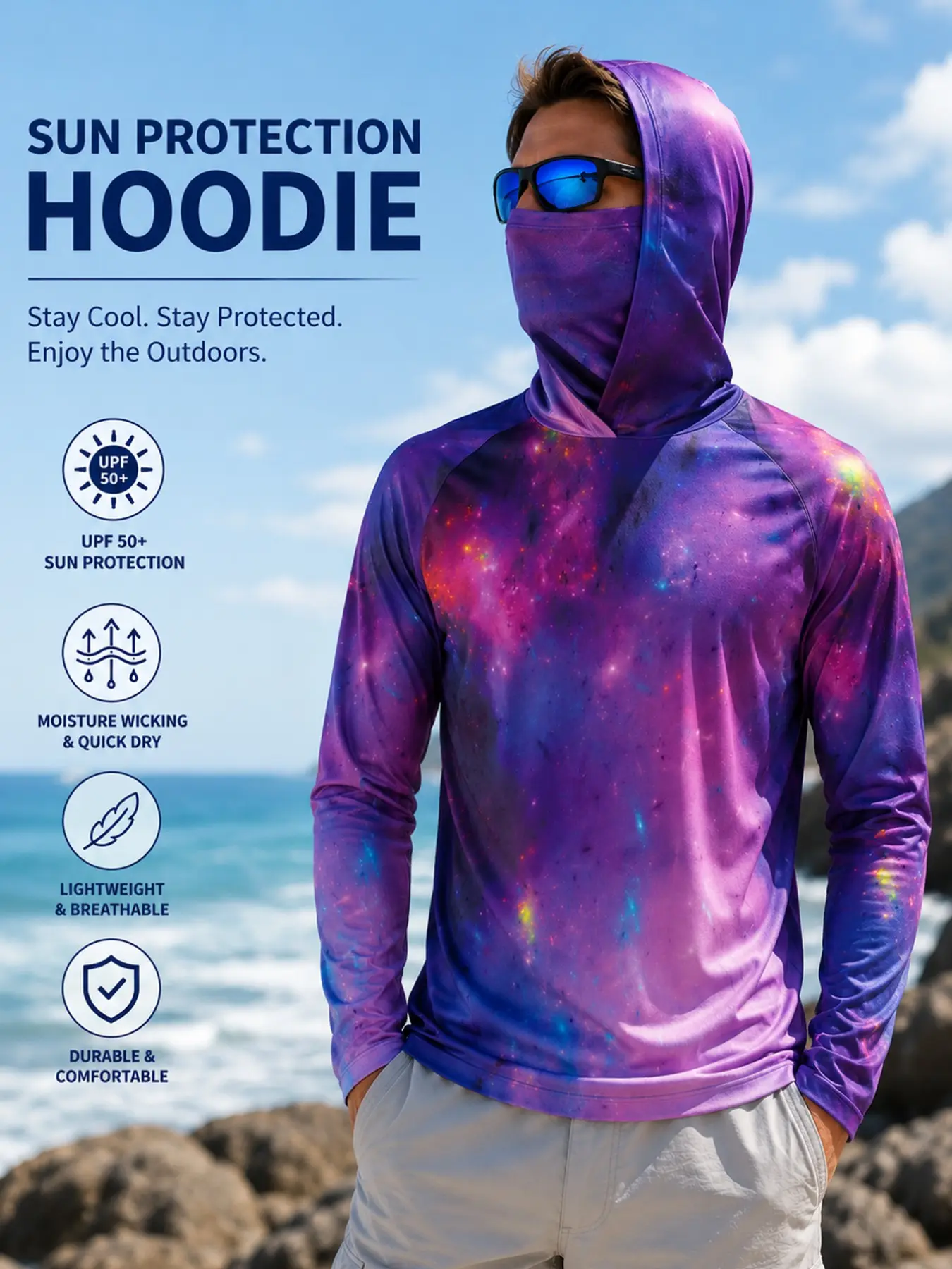 Men's Long Sleeve Hooded Fishing Jacket with Face Mask, Gradient Color Outdoor Fishing Clothing, Sun Protection Jumper, Fishing Hoody