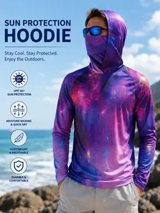 Men's Long Sleeve Hooded Fishing Jacket with Face Mask, Gradient Color Outdoor Fishing Clothing, Sun Protection Jumper