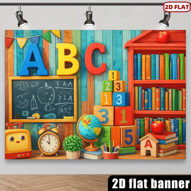 2D Flat Banner for Classroom Decoration, Blue Abc Letters, Colorful Blocks, Blackboard Numbers, Polyester Material, No Power Needed