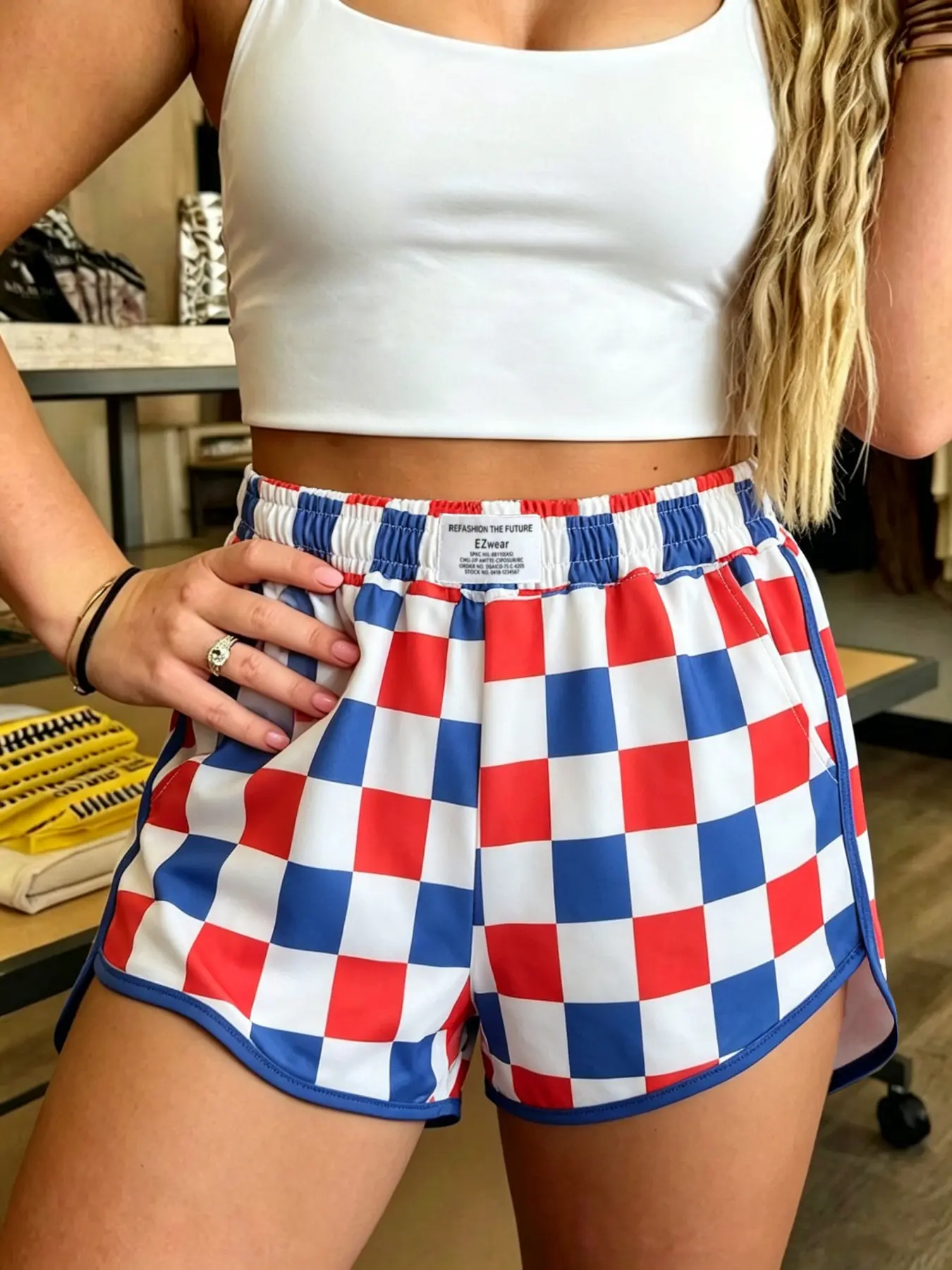 American patriotic style Casual red, white, blue checkerboard/camouflage spotted print high waisted elastic loose Fit shorts, side pocket curved hems, women's summer Independence Day holiday street vacation bottoms