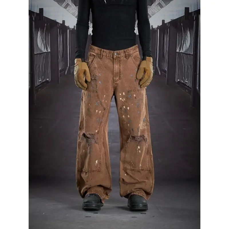 Men's Streetwear Carpenter Pants with Hand-Painted Details, Casual Workwear Trousers in a Relaxed Baggy Fit, Graphic, Other, Men's Workwear, Oversized Style, Paint Splatter, Multi-Size Men's Pants