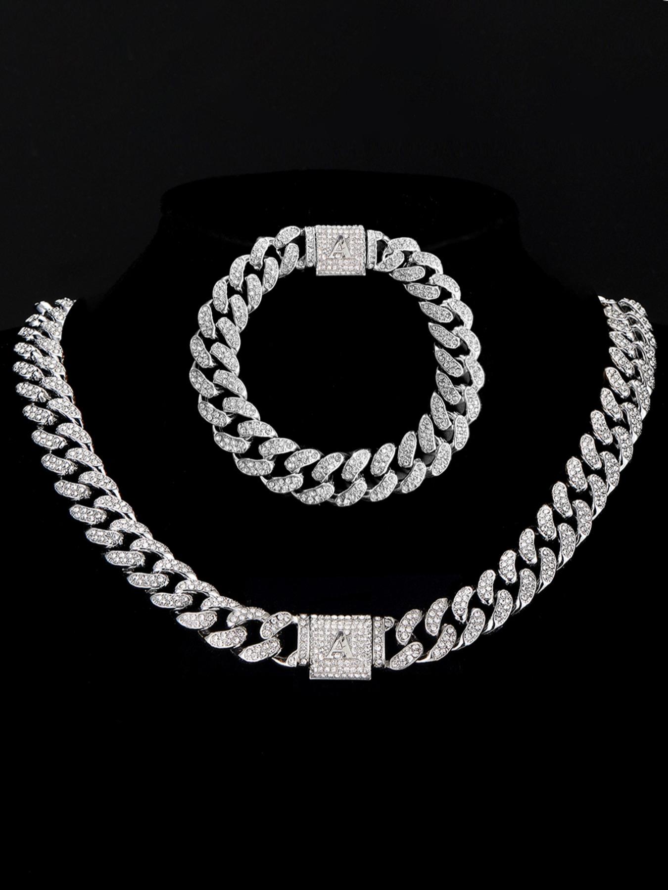 Unisex Street Style Letter Design Cuban Link Chain Bracelet & Necklace, Rhinestone Decorated Fashionable Jewelry Set, Fashion Accessories for Party, Daily Decor for Boy