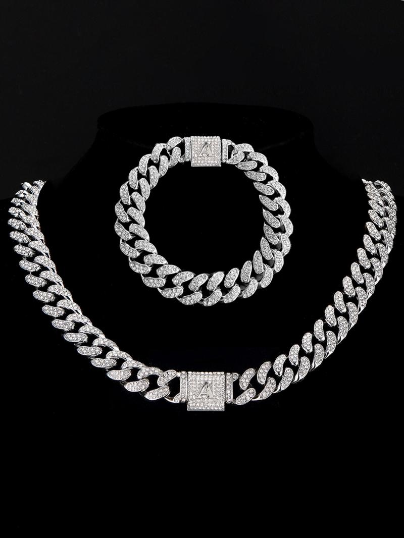 Unisex Street Style Letter Design Cuban Link Chain Bracelet & Necklace, Rhinestone Decorated Fashionable Jewelry Set, Fashion Accessories for Party, Daily Decor for Boy