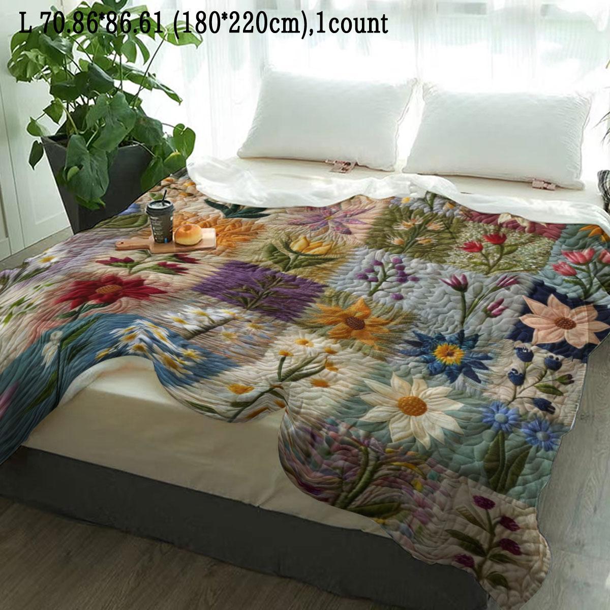 Floral Pattern Patchwork Quilted Throw Blanket, Floral Print Blanket, Soft Comfortable Warm Napping Blanket, Soft Cozy Blanket, Cool Bedroom Bedding Blankets for Home Office Travel Dormitory