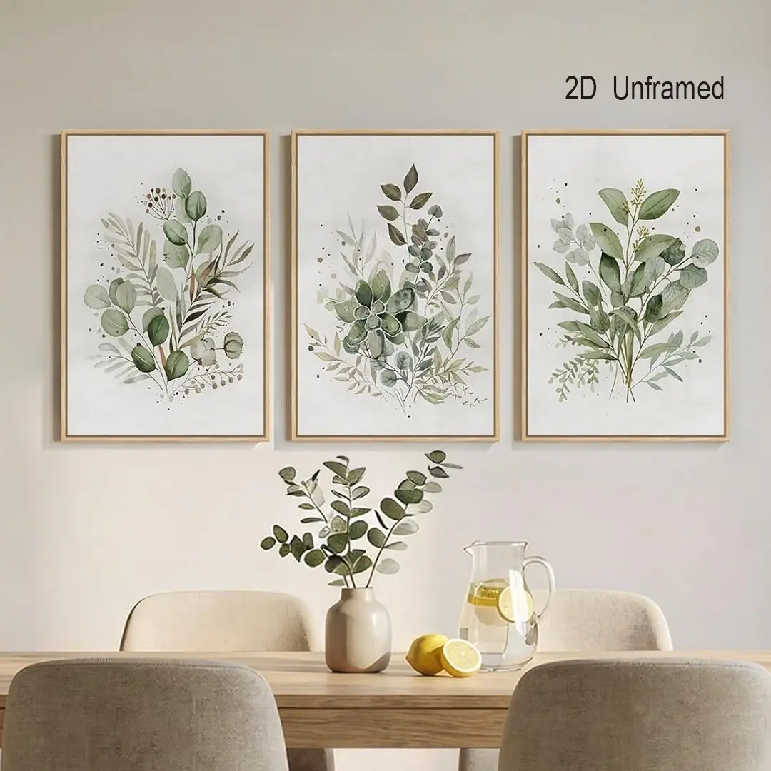 3-piece set of frameless sage green botanical-themed living room wall art, green eucalyptus leaf prints, canvas prints, neutral-toned botanical art prints, wall decor for bedrooms and offices