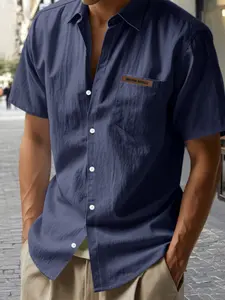 Men's Hawaiian Style Linen Shirt, Loose Fit Casual Henry Collar Short Sleeve, Plain Surface, All Seasons, Unlined, Fitted