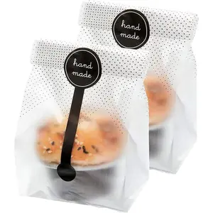 200Pcs Total 100 Translucent Plastic Bakery Bags with 100 Handmade Stickers for Cookie Cake Chocolate Candy Snack Wrapping Great for Bakery Party Supplies