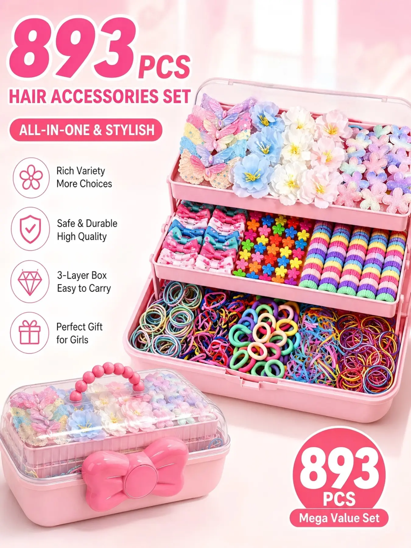893pcs Sweet Hair Accessory Set, Hair Accessories Set for Little Girls with 3-Layer Storage Box, Includes Flower-Decorated Clips, Hair Ties & Printed Side Clips, Perfect for School, Birthday Parties, Outdoor Travel