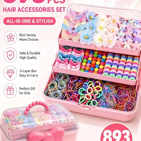 893-Count Sweet for Little Girls, 3-Layer Storage Box, Hair Accessory Set, Includes Flower-Decorated Clips, Hair Ties & Printed Side Clips, Perfect for School, Birthday Parties, Outdoor Travel
