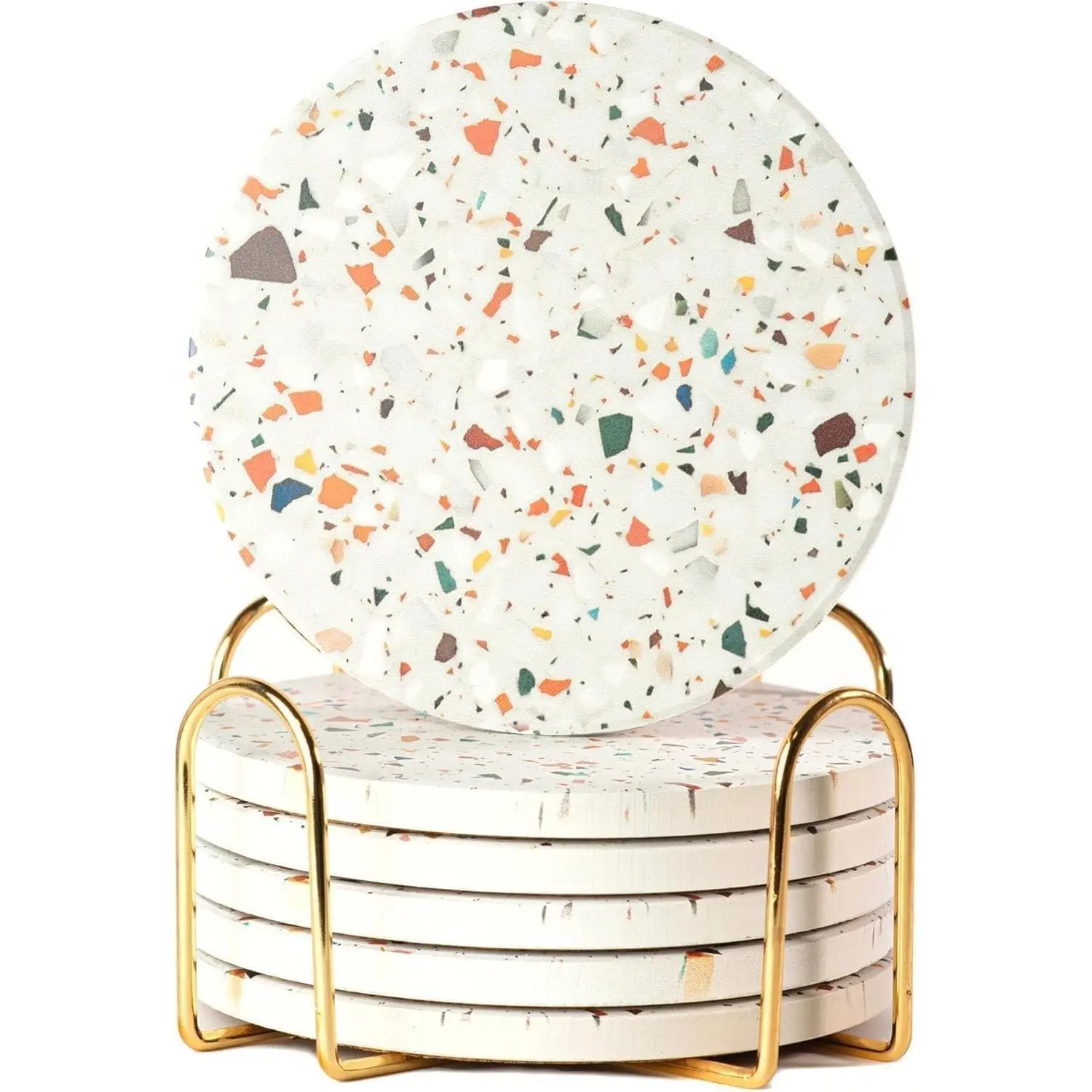 Set of 6 Colorful Boho Speckled Terrazzo Ceramic Coasters – Absorbent Stone Drink Coasters for Coffee Table & Desk, Moisture-Absorbing Home Decor, Housewarming GiftGift