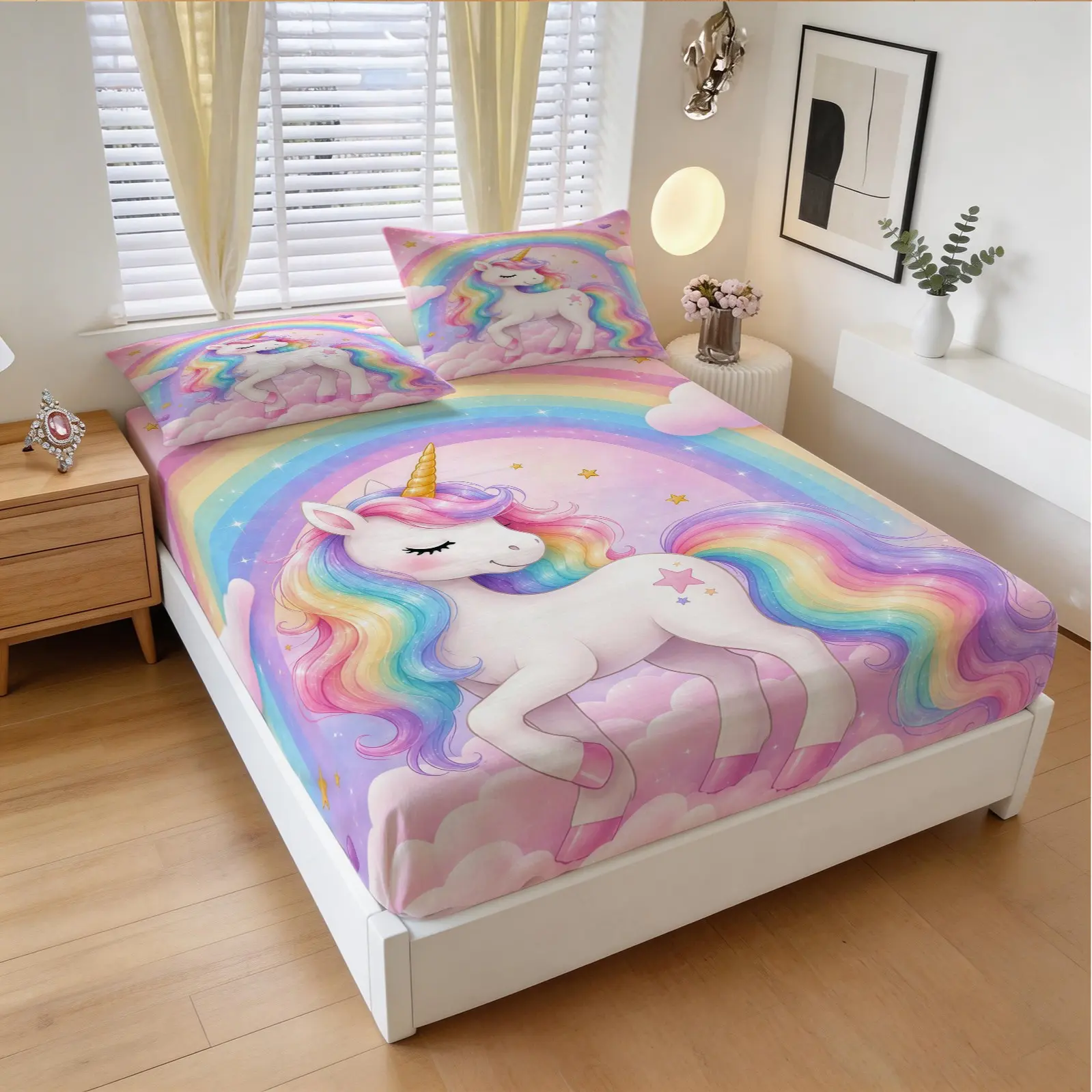 3-Piece Unicorn Pattern Fitted Sheet Set, Soft And Comfortable Bedding Set (1 Sheet + 2 Pillowcases, No Pillow Insert), Suitable For Teenagers And Adults, Master Bedroom, Apartment Scene